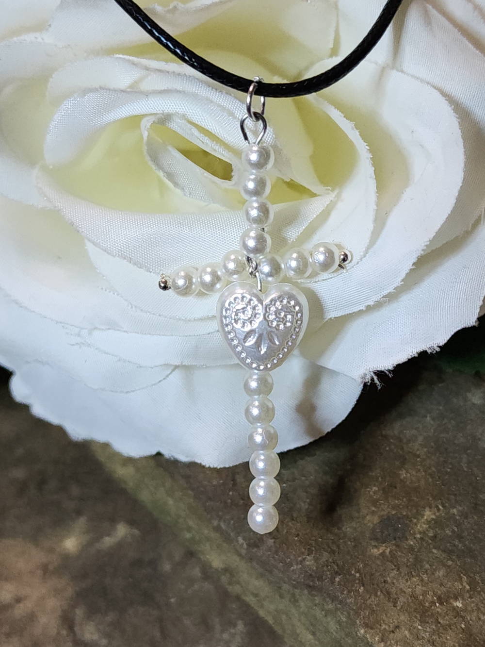 Faux Pearl Cross Pendant Necklace with Heart Accent - White